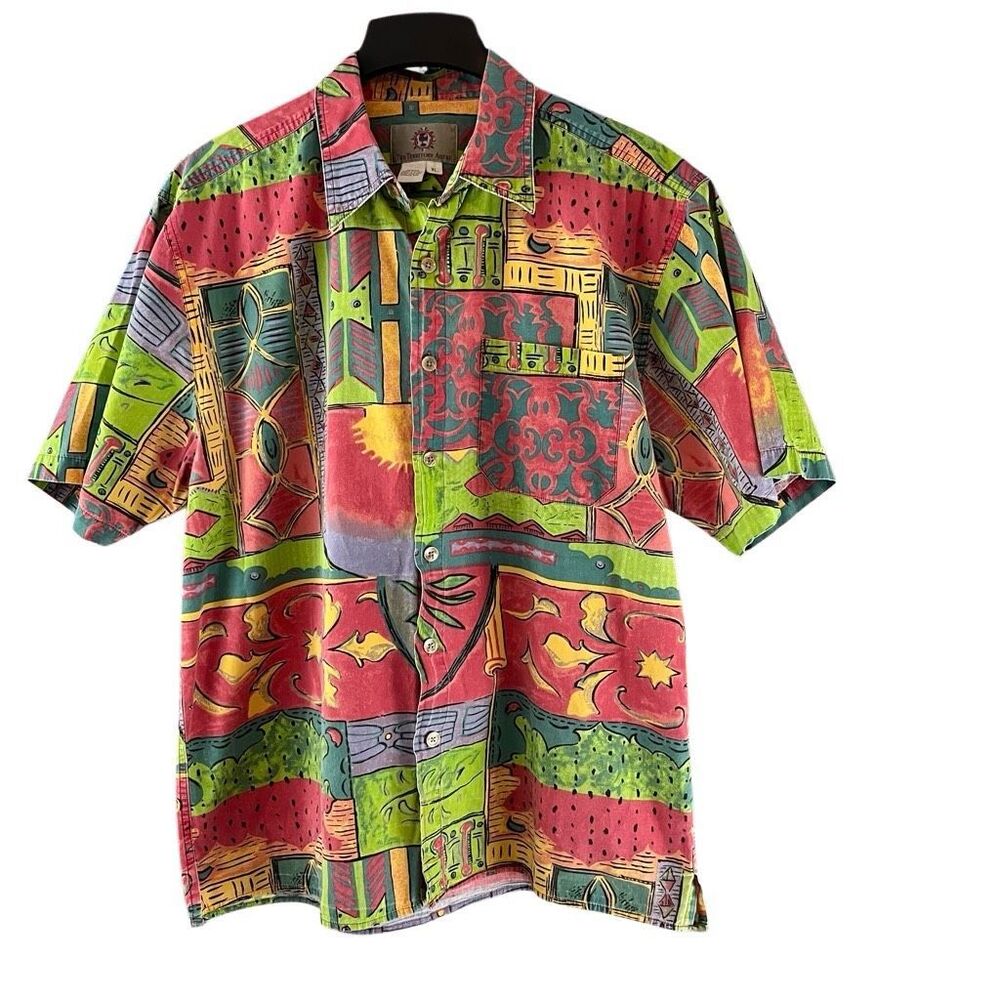 The Territory Ahead Vintage Colorful Art to Wear ShortSleeve Button Down Shirt X